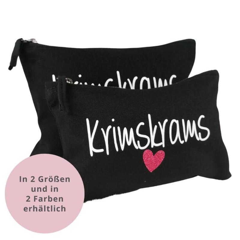 Kosmetiktasche, Kulturtasche mit Schriftzug Krimskrams mit Glitzerherz, wahlweise in dunkelblau oder schwarz und in 2 Größen erhältlich