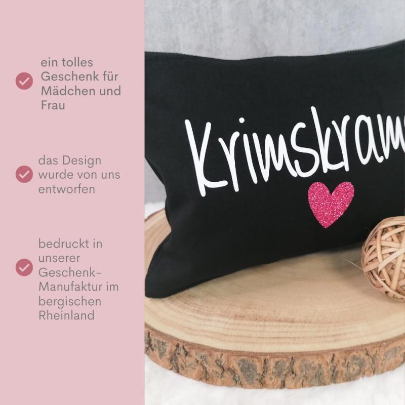 Kosmetiktasche, Kulturtasche mit Schriftzug Krimskrams mit Glitzerherz, wahlweise in dunkelblau oder schwarz und in 2 Größen erhältlich, Produktbild