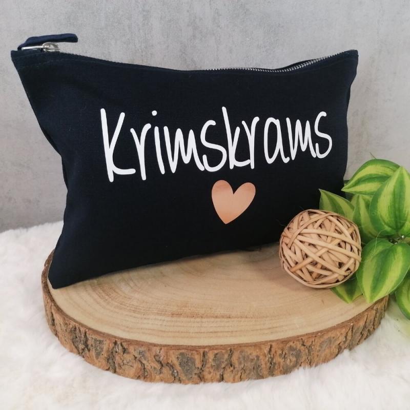 Kosmetiktasche, Kulturtasche mit Schriftzug Krimskrams mit rosegoldenes, wahlweise in dunkelblau oder schwarz, Größe L