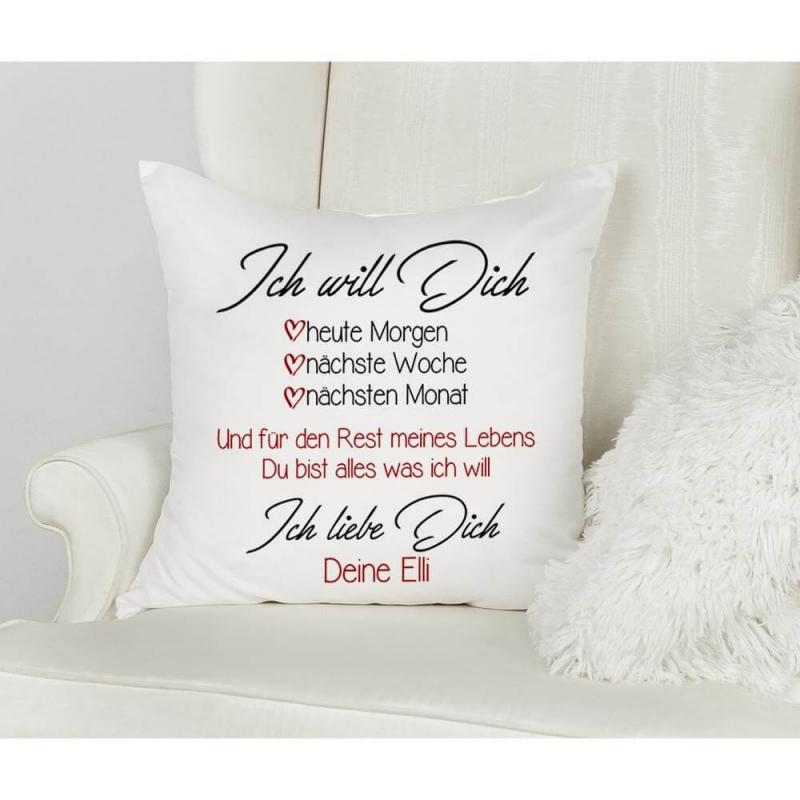 Weißes Kissen mit flauschiger Oberfläche, Text auf Kissen "Ich will dich" Liebeserklärung mit Personalisierung. Größe: 40cm x 40cm, inkl. Kissenfüllung, Dekorationsvorschlag