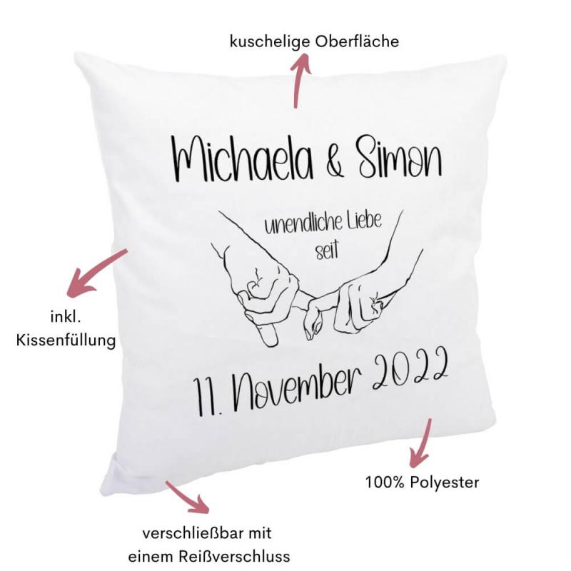 Weißes kuschliges Kissen mit Spruch "Unendliche Liebe" mit Personalisierung, Kissengröße 40cm x 40cm, mit Kissenfüllung, Besonderheiten