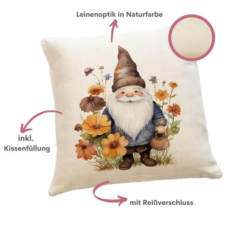 Kissen aus Leinen mit einem herbstlichen Gnome-Aufdruck, 40 cm x 40 cm, inkl. Kissenfüllung, Besonderheiten