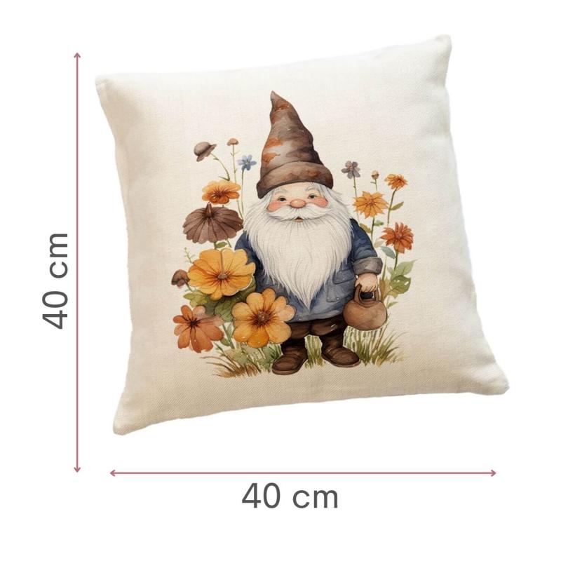 Kissen aus Leinen mit einem herbstlichen Gnome-Aufdruck, 40 cm x 40 cm, inkl. Kissenfüllung, Größe