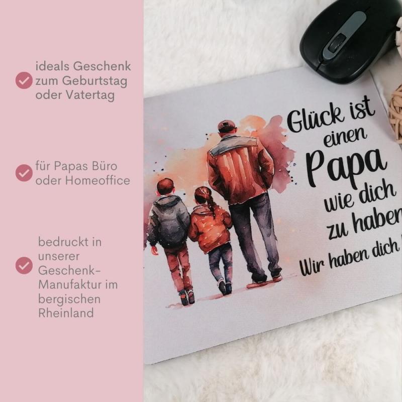 Mousepad mit Sprich "Glück ist einen Papa wie dich zu haben" Variante Papa, Mädchen und Junge, Produktbild