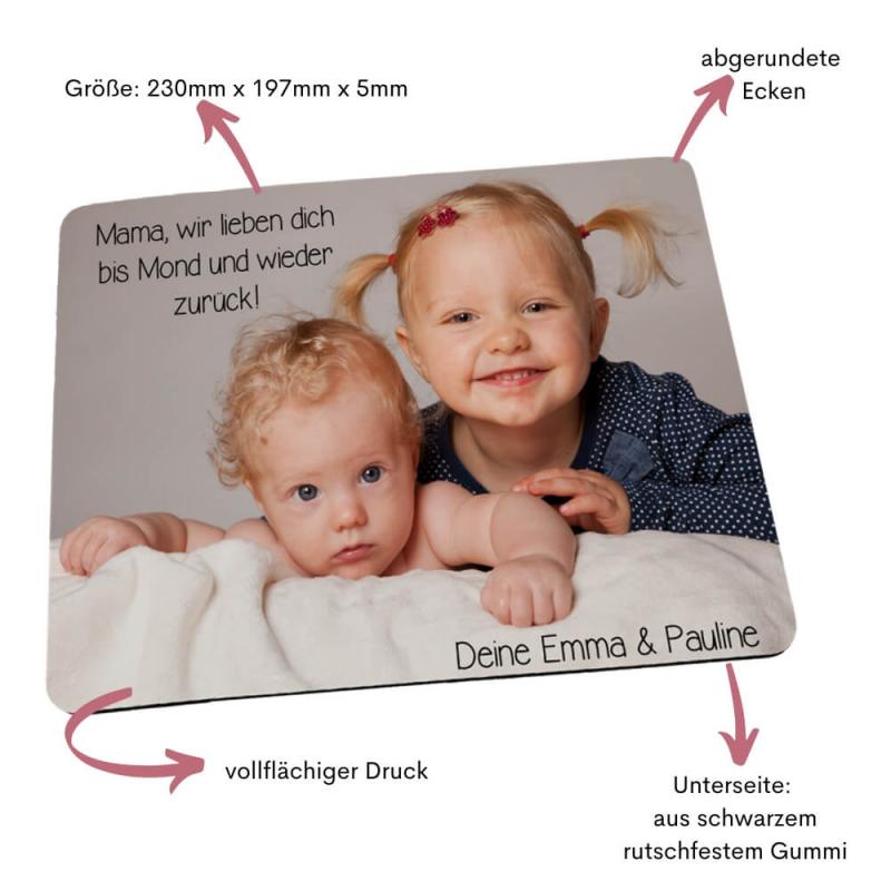 Mousepad mit Foto und Spruch: Mama, wir lieben dich bis zum Mond und wieder zurück. Größe: 230mm x 197mm x 5mm, für alle Computermäuse geeignet. Besonderheiten