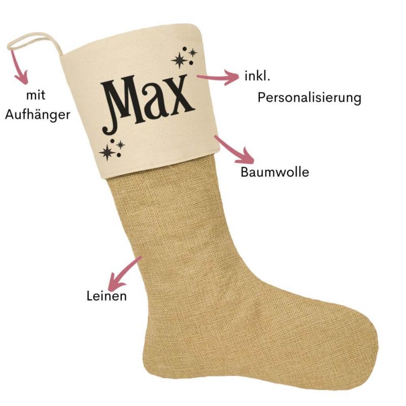 Nikolausstrumpf mit Wunschname, festliche Schrift, Weihnachtssocke mit Personalisierung aus Baumwolle und Leinen, Besonderheiten