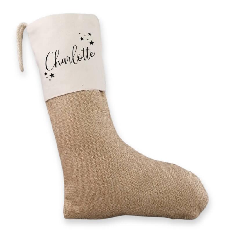 Nikolausstrumpf mit Wunschname, elegante Schrift, Weihnachtssocke mit Personalisierung aus Baumwolle und Jute