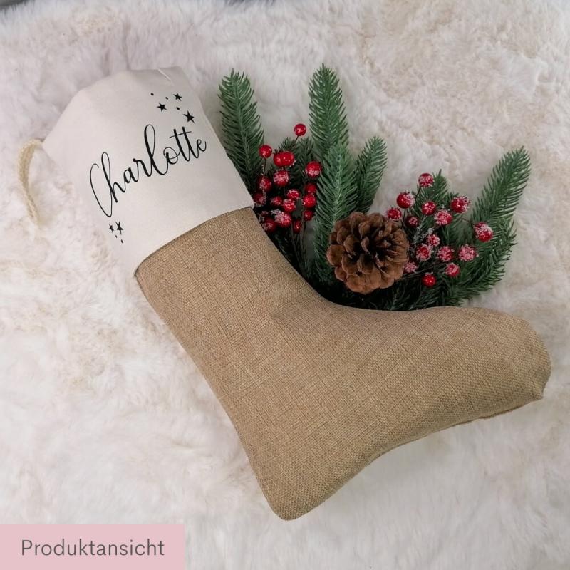 Nikolausstrumpf mit Wunschname, elegante Schrift, Weihnachtssocke mit Personalisierung aus Baumwolle und Jute, Produktansicht