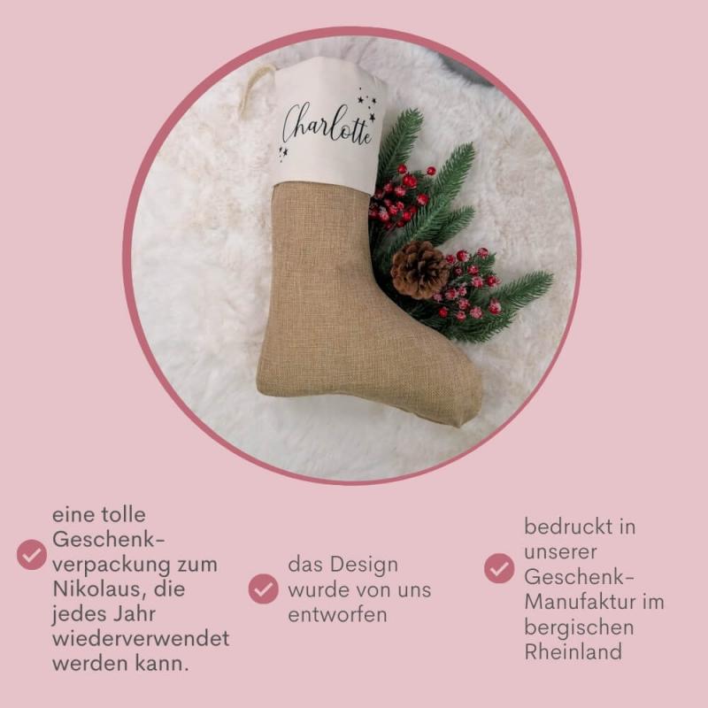Nikolausstrumpf mit Wunschname, elegante Schrift, Weihnachtssocke mit Personalisierung aus Baumwolle und Jute, Produktbild