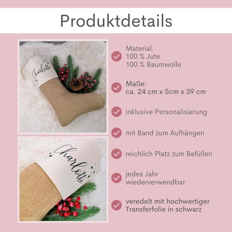 Nikolausstrumpf mit Wunschname, elegante Schrift, Weihnachtssocke mit Personalisierung aus Baumwolle und Jute, Produktdetails