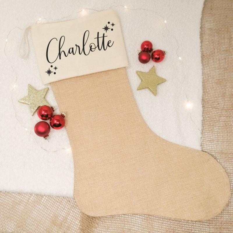 Nikolausstrumpf mit Wunschname, eleganter Schrift, Weihnachtssocke mit Personalisierung aus Baumwolle und Leinen, Beispiel