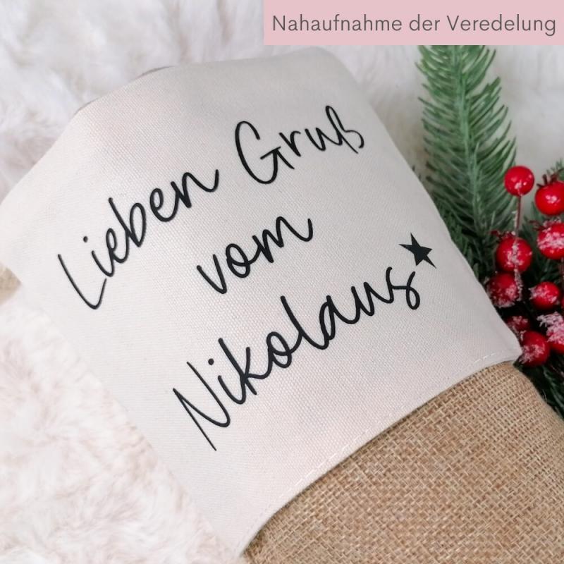 Nikolausstrumpf aus Jute mit Spruch Lieben Gruß vom Nikolaus, wiederverwendbare Geschenkverpackung, Nahaufnahme