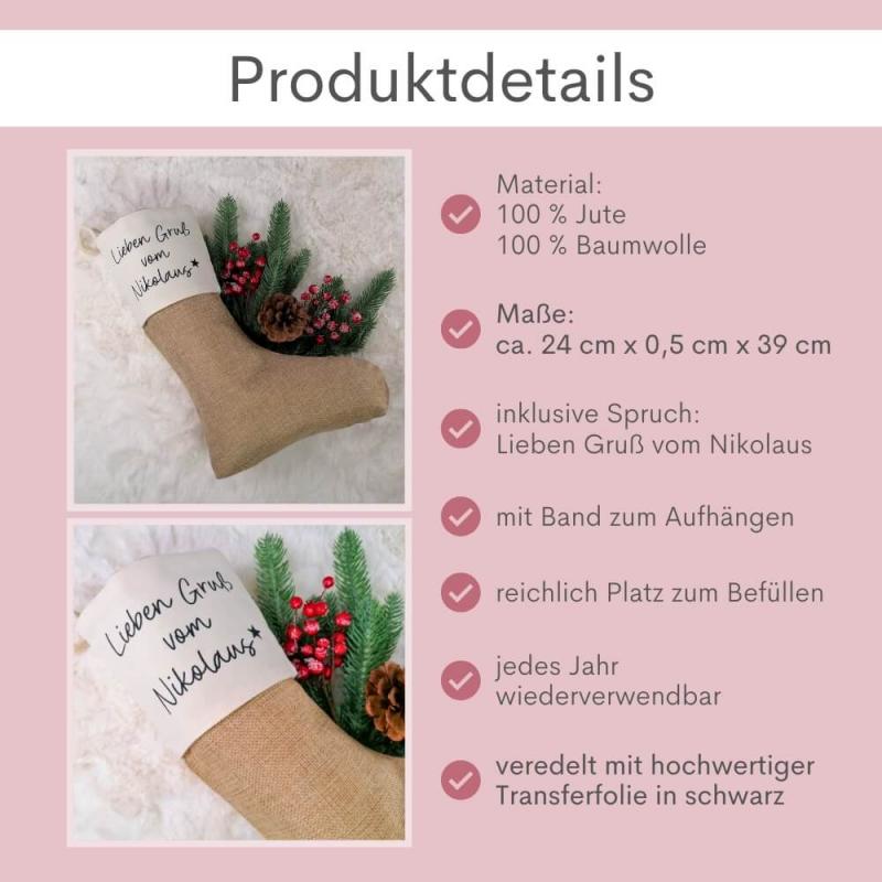 Nikolausstrumpf aus Jute mit Spruch Lieben Gruß vom Nikolaus, wiederverwendbare Geschenkverpackung, Produktdetails