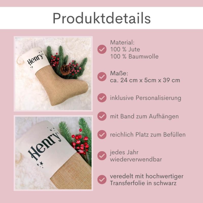 Nikolausstrumpf mit Wunschname, weihnachtliche Schrift, Weihnachtssocke mit Personalisierung aus Baumwolle und Jute, Produktdetails