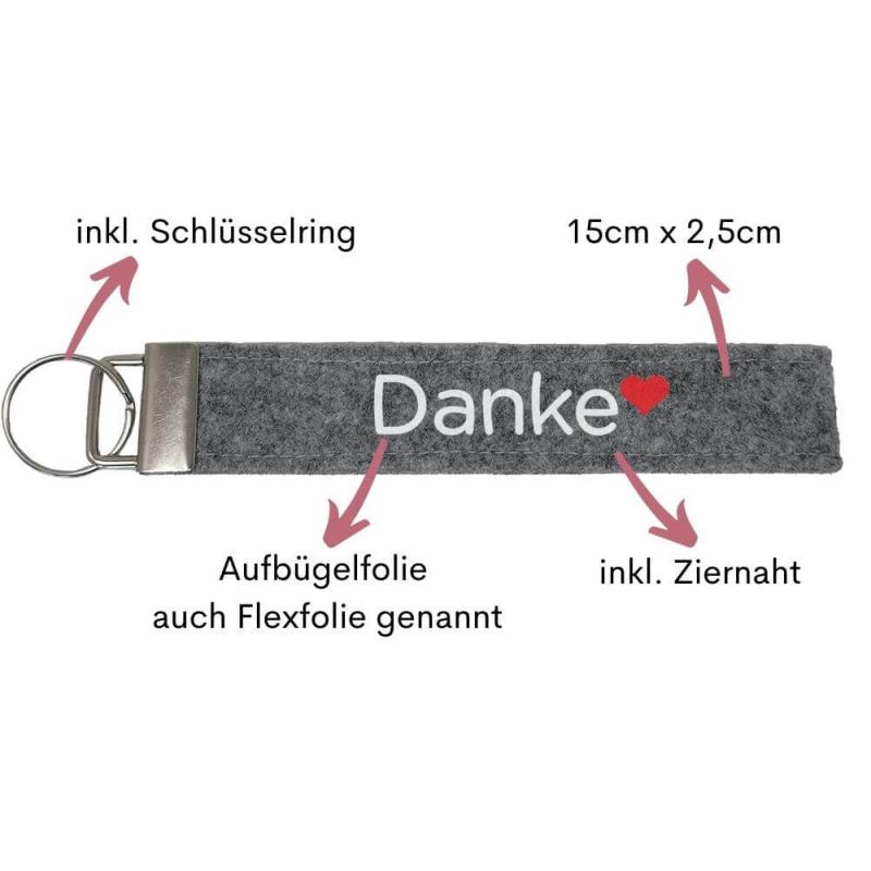 Schlüsselanhänger aus Filz veredelt mit dem Wort "Danke", Farbe: hellgrau, inkl. Anhänger und Schlüsselring, Personalisierung möglich, Besonderheiten auf einen Blick