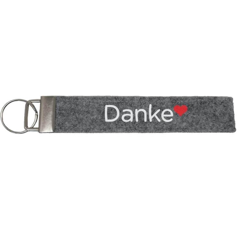 Schlüsselanhänger aus Filz veredelt mit dem Wort "Danke", Farbe: hellgrau, inkl. Anhänger und Schlüsselring, Personalisierung möglich