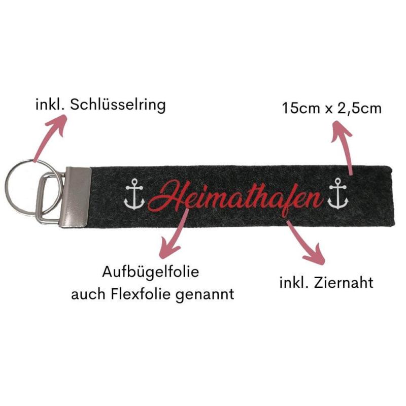 Schlüsselanhänger aus Filz veredelt mit dem Wort "Heimathafen", Farbe: dunkelgrau, inkl. Anhänger und Schlüsselring, Personalisierung möglich, Besonderheiten auf einen Blick