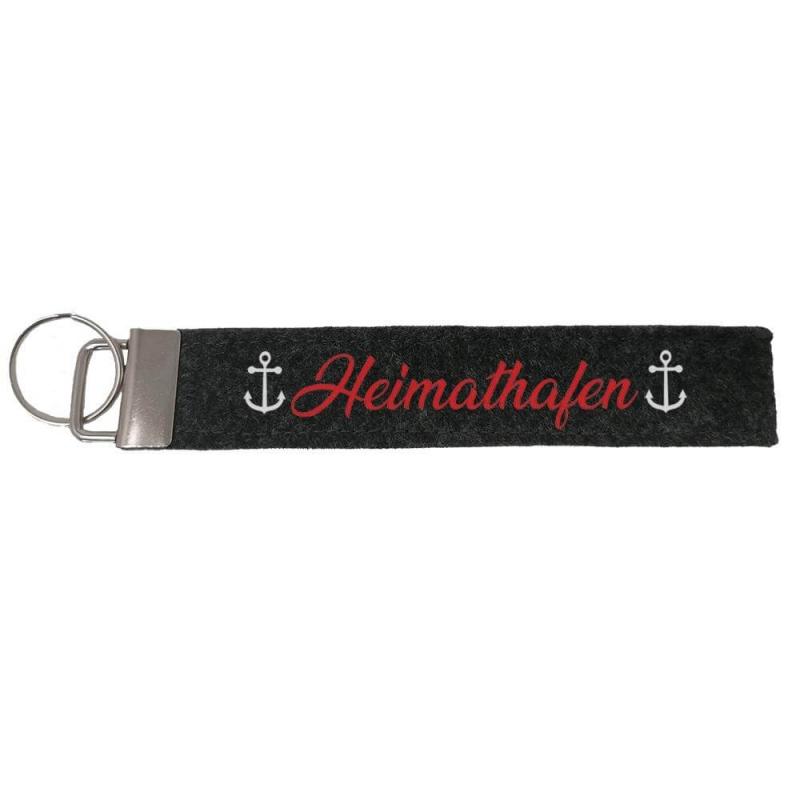 Schlüsselanhänger aus Filz veredelt mit dem Wort "Heimathafen", Farbe: dunkelgrau, inkl. Anhänger und Schlüsselring, Personalisierung möglich