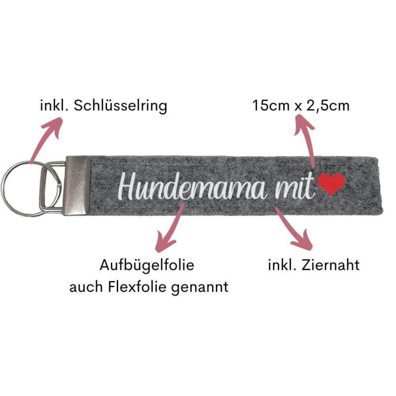 Schlüsselanhänger aus Filz veredelt mit dem Wort "Hundemama mit Herz", Farbe: hellgrau, inkl. Anhänger und Schlüsselring, Personalisierung möglich, Besonderheiten auf einen Blick