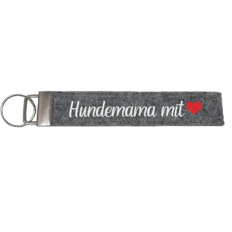 Schlüsselanhänger aus Filz veredelt mit dem Wort "Hundemama mit Herz", Farbe: hellgrau, inkl. Anhänger und Schlüsselring, Personalisierung möglich