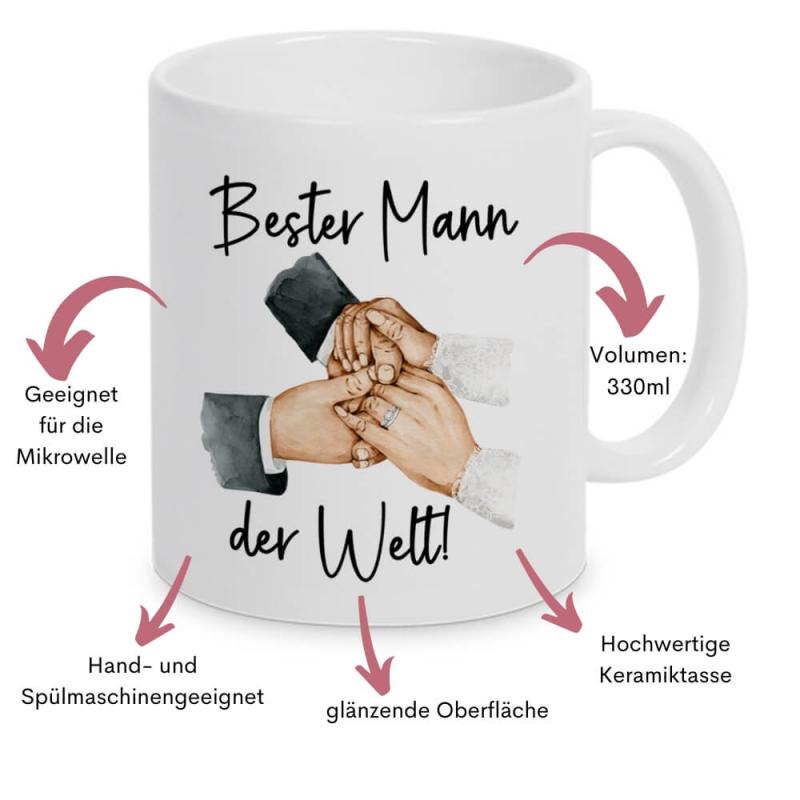 Weiße Tasse mit Schriftzug Bester Mann der Welt, beidseitig bedruckt, mit 2 Händen im Braut- und Bräutigam-Style, ca. 330 ml Volumen, Spülmaschinen- und Mikrowellengeeignet, Besonderheiten auf einen Blick