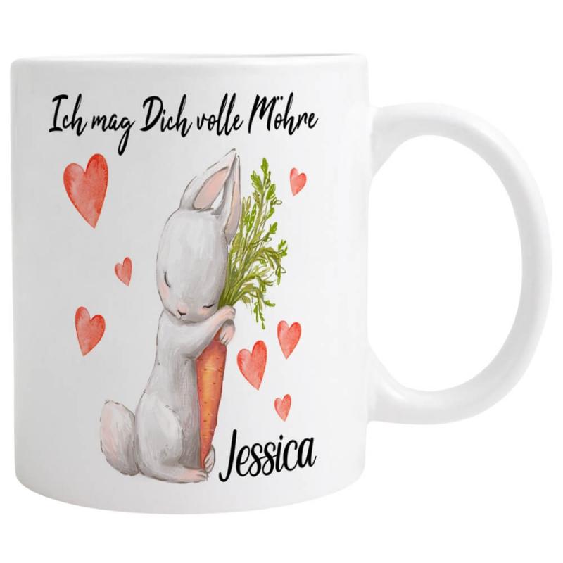 Tasse "Ich mag dich volle Möhre", Geschenk zu Ostern, inkl. Personalisierung, Variante: rote Herzen