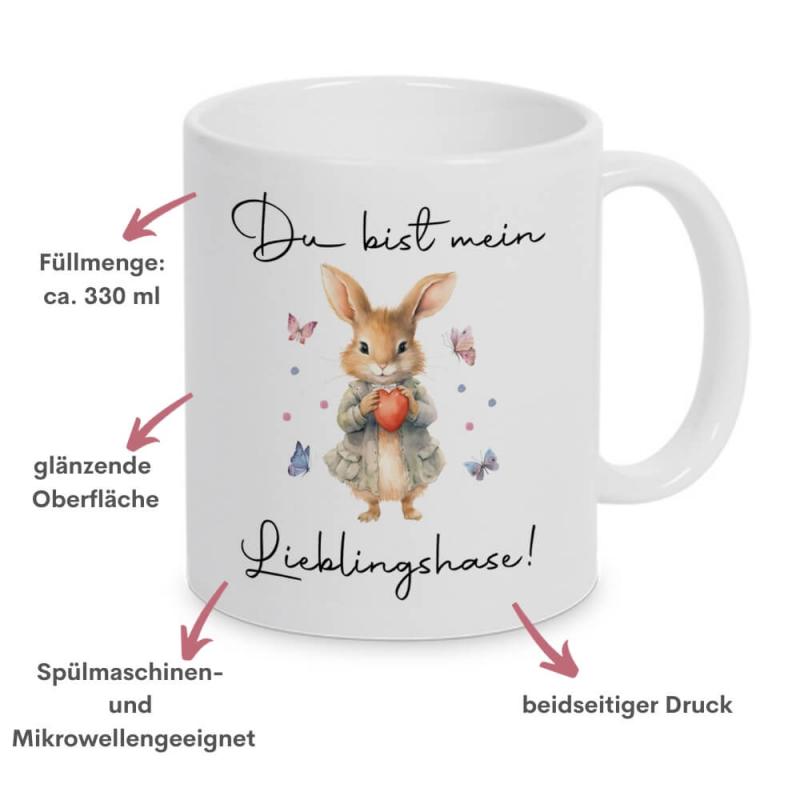 Weiße Tasse "Lieblingshase" mit niedlichem Hasenmotiv, 330 ml Füllvolumen, beidseitiger Druck, Spülmaschinengeeignet, mikrowellengeeignet, Besonderheiten