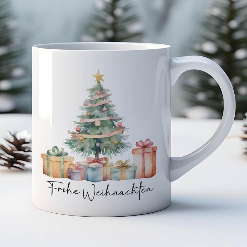Weiße Tasse mit weihnachtlichem Watercolor-Design und Frohe Weihnachten, 330 ml Füllvolumen, Beispiel