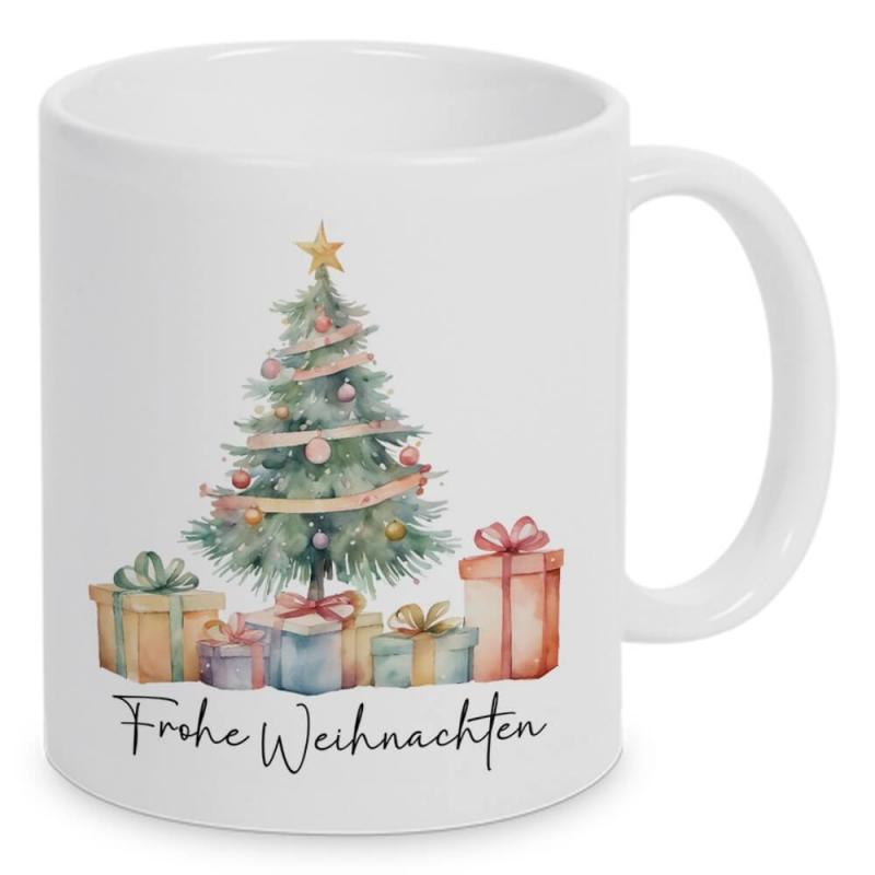 Weiße Tasse mit weihnachtlichem Watercolor-Design und Frohe Weihnachten, 330 ml Füllvolumen