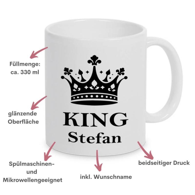 2 weiße Tasse mit Aufdruck King und Queen, inkl. Personalisierung, Füllmenge: je ca. 330 ml, spülmaschinengeeignet, Besonderheiten King