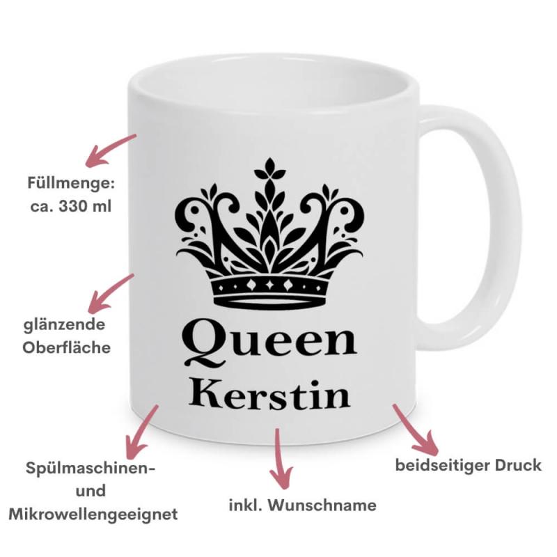 2 weiße Tasse mit Aufdruck King und Queen, inkl. Personalisierung, Füllmenge: je ca. 330 ml, spülmaschinengeeignet, Besonderheiten Queen