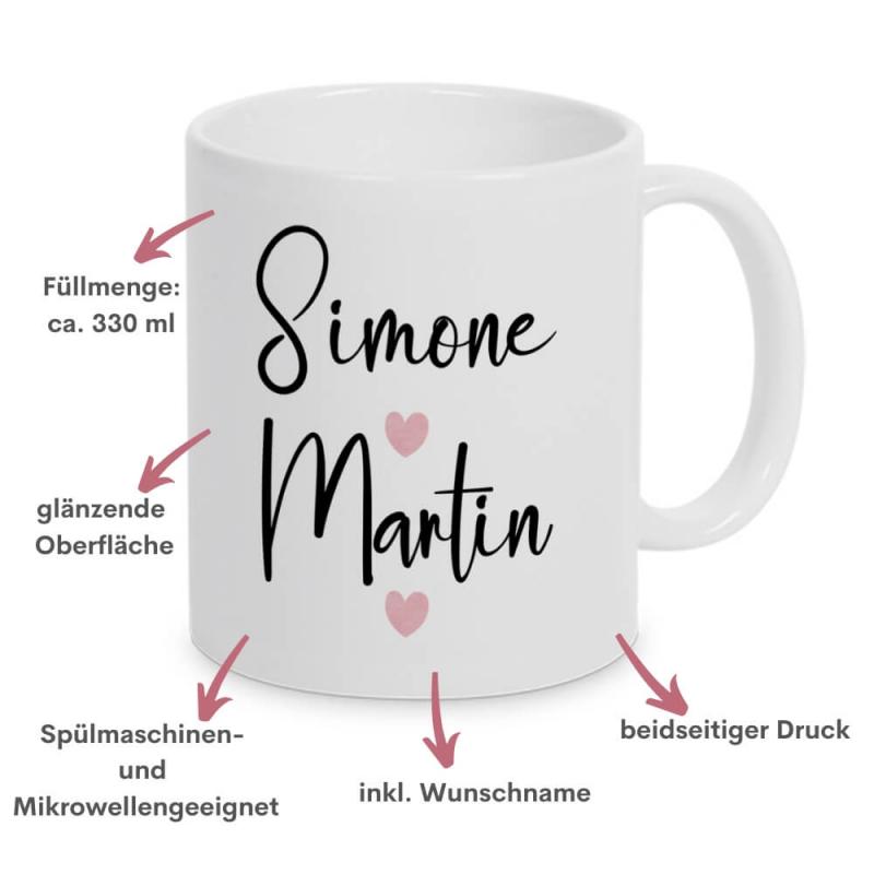 Partnertassen aus Keramik, weiß-glänzend, mit Namen des Paares und Herzen aus Watercolor Style, Füllmenge je Tasse: 330 ml, Besonderheiten Frau