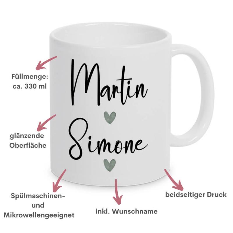 Partnertassen aus Keramik, weiß-glänzend, mit Namen des Paares und Herzen aus Watercolor Style, Füllmenge je Tasse: 330 ml, Besonderheiten Mann