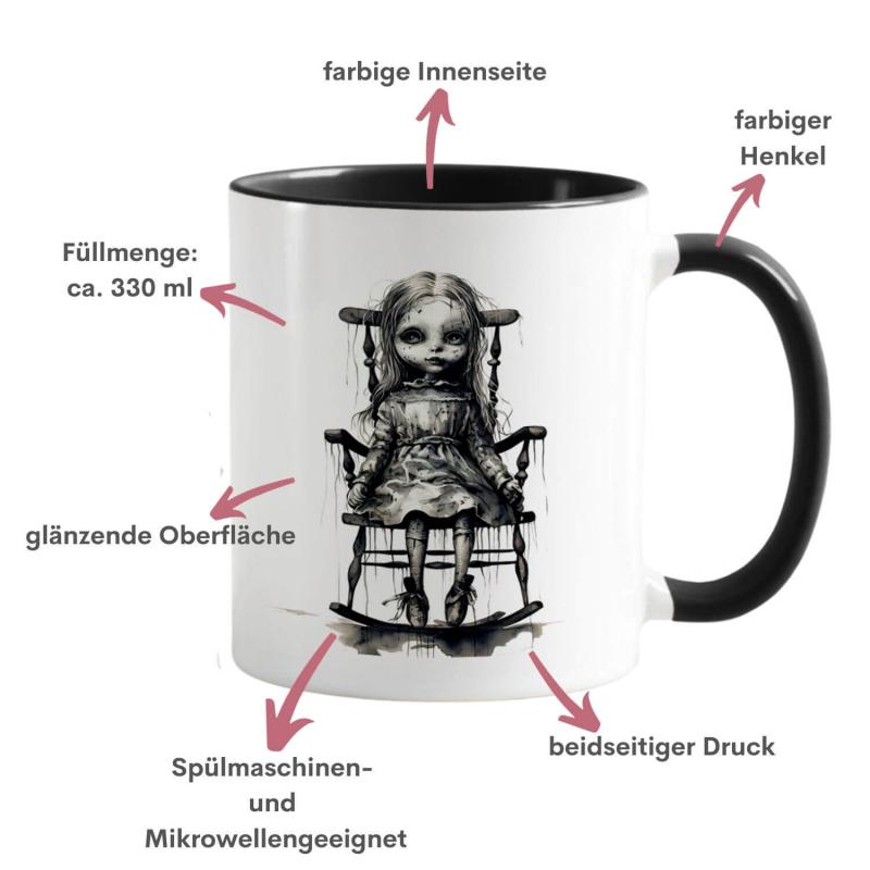 Zweifarbige Tasse zu Halloween, Horrorpuppe und Spruch: Hast du Lust zu spielen? Beidseitig bedruckt, schwarz-weiß glänzend, Füllmenge: ca. 330 ml, Spülmaschinen- und Mikrowellengeeigent, Besonderheiten