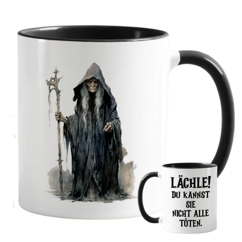 Zweifarbige Tasse zu Halloween, Sensenmann und Spruch: Lächle! Du kannst sie nicht alle töten, beidseitig bedruckt, schwarz-weiß glänzend, Füllmenge: ca. 330 ml, Spülmaschinen- und Mikrowellengeeigent