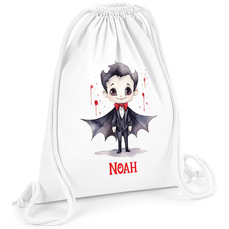 Turnbeutel für Halloween mit Vampir mit Wunschname, Größe: 28,5 cm x 41 cm