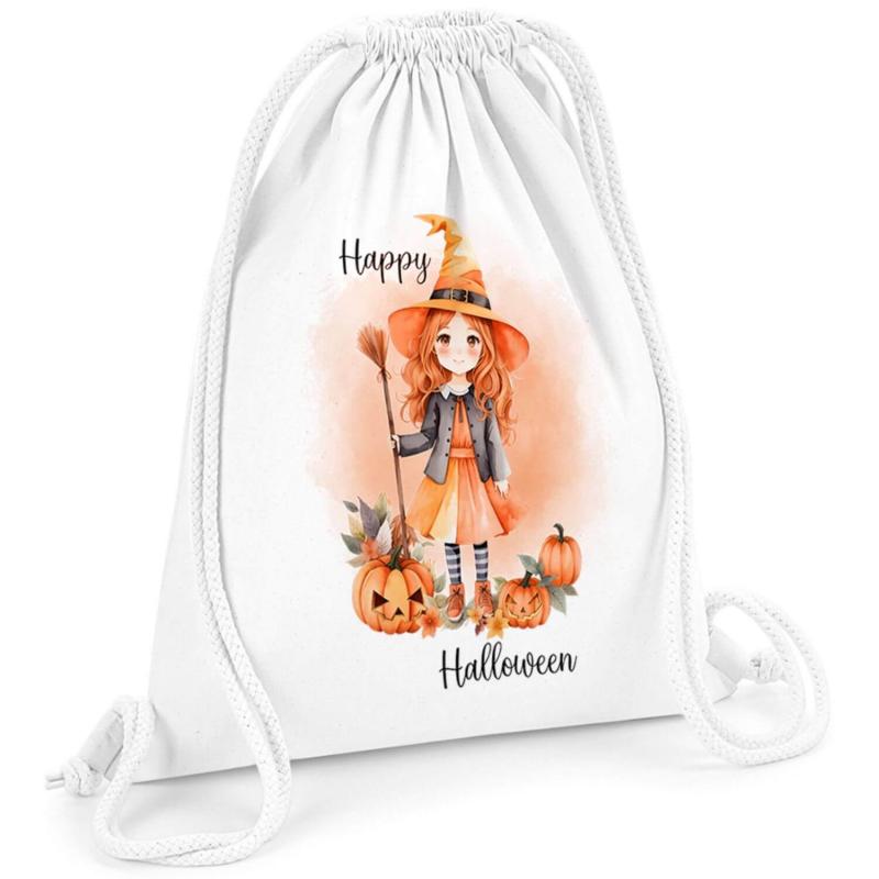 Turnbeutel für Halloween mit Hexe und Schriftzug Happy Halloween, Größe: 28,5 cm x 41 cm