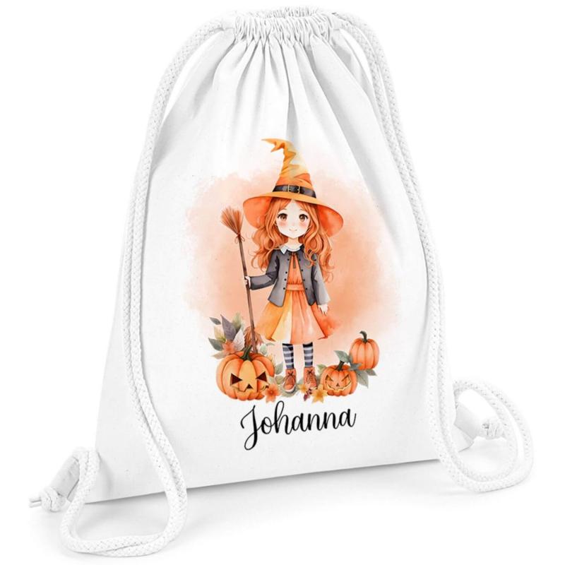 Turnbeutel für Halloween mit Hexe mit Wunschname, Größe: 28,5 cm x 41 cm