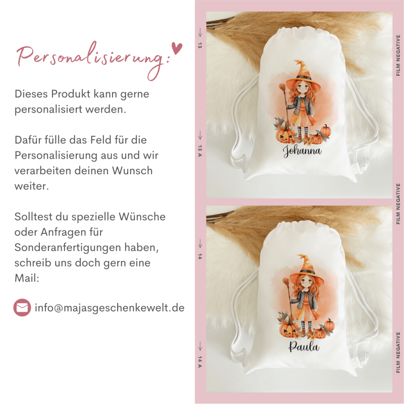 Turnbeutel für Halloween mit Hexe mit Wunschname, Größe: 28,5 cm x 41 cm, Personalisierung