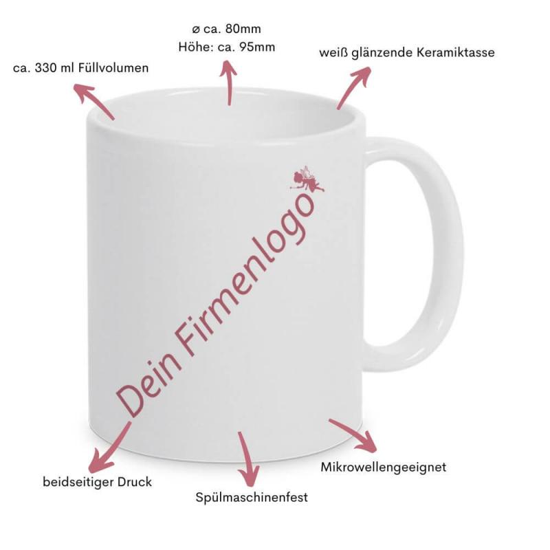 Hochwertige weiss-glänzende Keramiktasse mit Firmenlogo, Füllmenge ca. 330ml, beidseitiger Druck. Beispiel mit Firmenlogo im 3er Set, Besonderheiten