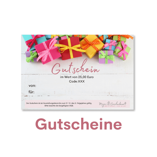 Kategoriebild für Kategorieübersicht. Gutschein im Wert von 25,00 Euro mit bunten Geschenkpaketen als Dekoration. Perfekt für alle, die individuelle und personalisierte Geschenke lieben. Einlösbar in Majas Geschenkewelt.