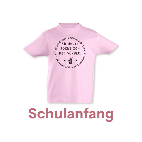 Kategoriebild für Kategorieübersicht. Rosa T-Shirt mit Schulanfangs-Motiv: Die Aufschrift „Ab heute rocke ich die Schule“ umrahmt von „Schulkind 2025“ und kleinen Symbolen macht es zum perfekten Outfit für den ersten Schultag. Ideal als Geschenk zur Einschulung.