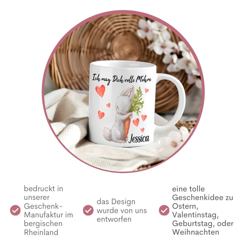 Personalisierte Tasse mit der Aufschrift „Ich mag Dich volle Möhre“ und Hasenmotiv – liebevoll präsentiert als Geschenkidee zu Ostern, Valentinstag, Geburtstag oder Weihnachten. Veredelt in unserer Geschenkmanufaktur im Rhein-Sieg-Kreis.