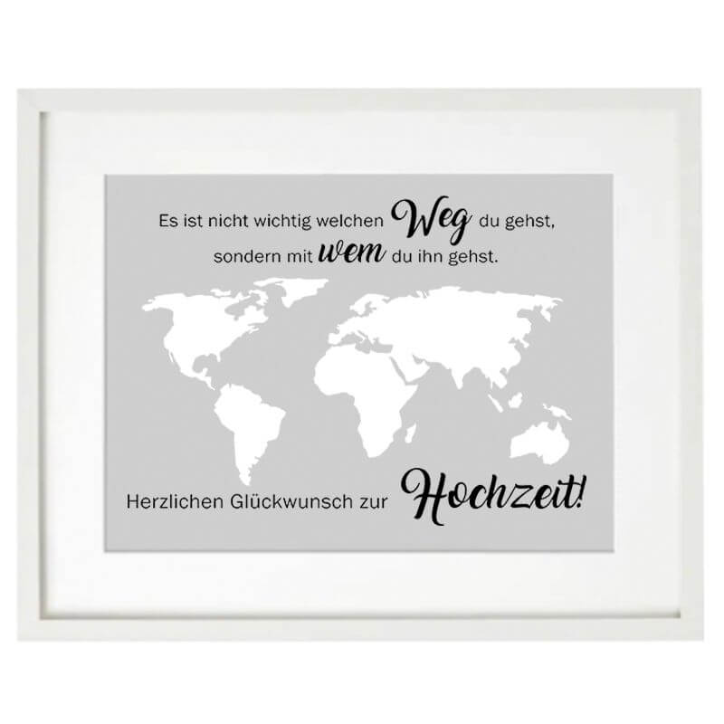 Bilderrahmen Hochzeit mit ausgeschnittener Weltkarte aus Pappe, Platz für Geldscheine als kreative Geschenkidee zur Hochzeit, Zitat Es ist nicht wichtig welchen Weg du gehst