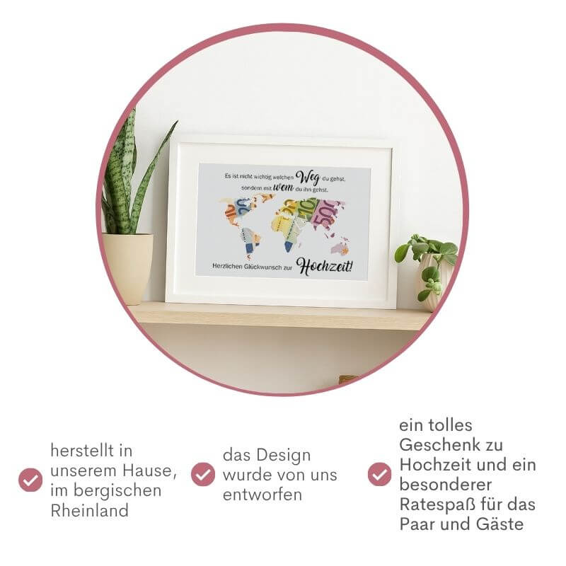 Geldgeschenk Bilderrahmen Hochzeit mit Weltkarte aus Pappe und Geldscheinen, hergestellt im Bergischen Rheinland, Hochzeitsgeschenk aus eigener Manufaktur, Ratespaß für das Paar und Gäste