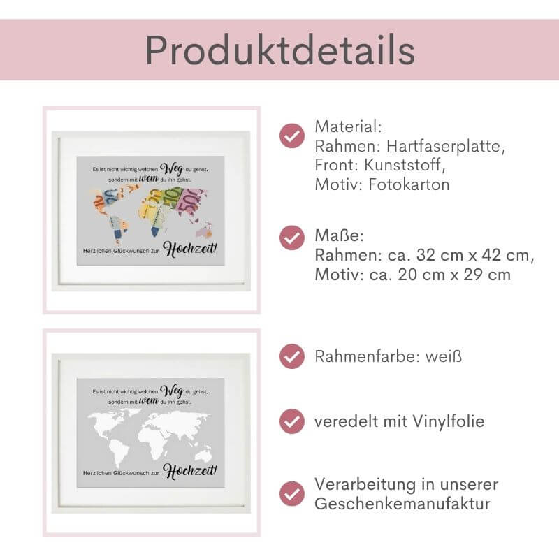 Produktdetails Bilderrahmen Hochzeit „Es ist nicht wichtig, welchen Weg du gehst...“: Material: Rahmen: Hartfaserplatte, Front: Kunststoff, Motiv: Fotokarton, Maße: Rahmen: ca. 32 cm x 42 cm, Motiv: ca. 20 cm x 29 cm, Rahmenfarbe: weiß, veredelt mit Vinylfolie, Verarbeitung in unserer Geschenkemanufaktur