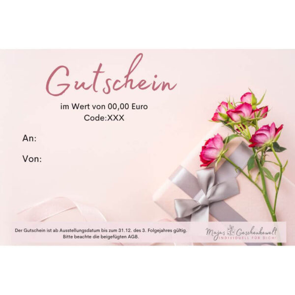 Geschenkgutschein von Majas Geschenkewelt mit rosa Blumen und Schleifen – liebevolles Geschenk zum Muttertag