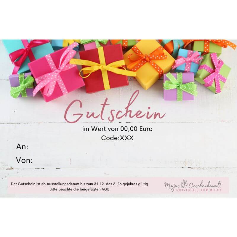 Geschenkgutschein von Majas Geschenkewelt mit bunten Geschenkboxen und rosa Schriftzug – ideales Geschenk für jeden Anlass