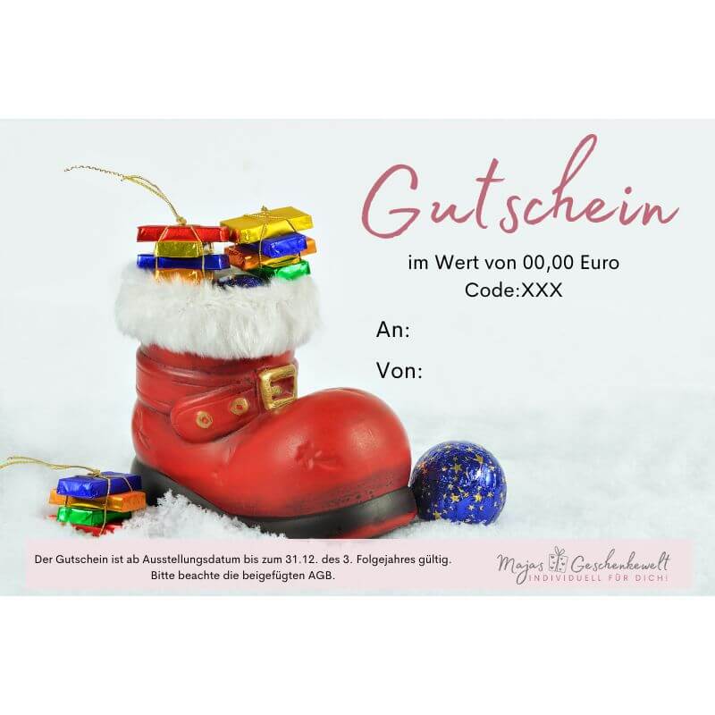 Nikolausgutschein von Majas Geschenkewelt mit rotem Stiefel und kleinen Geschenken – festliche Geschenkidee für die Weihnachtszeit