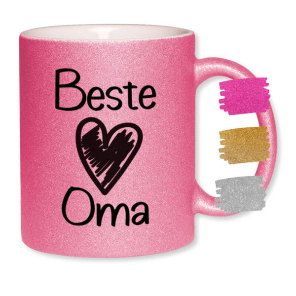 Pinke Glitzertasse mit dem Aufdruck "Beste Oma" und schwarzem Herz, daneben Farbproben in pink, gold und silber.